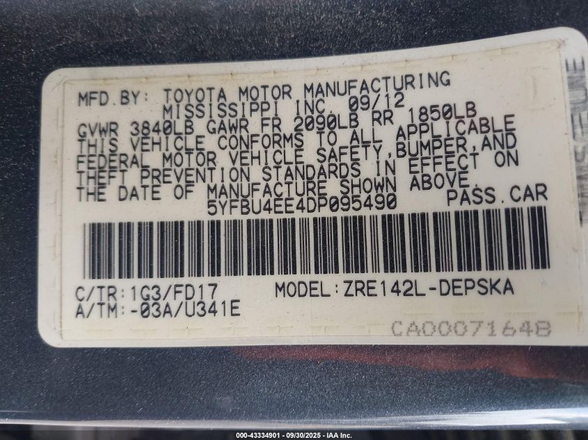 2013 Toyota Corolla S VIN: 5YFBU4EE4DP095490 Lot: 43334901