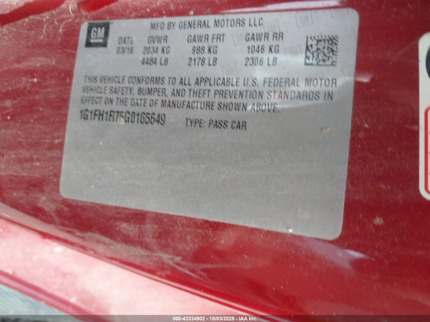 2016 Chevrolet Camaro 2Ss VIN: 1G1FH1R75G0165649 Lot: 43334902