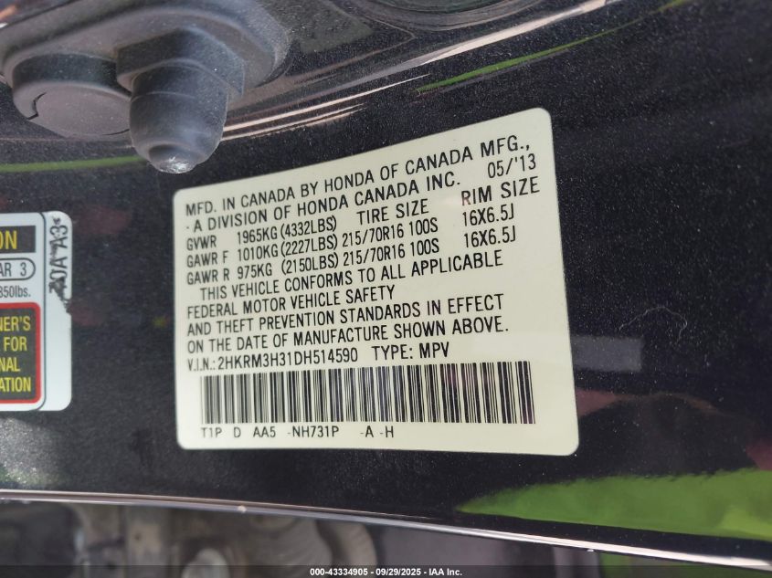 2013 Honda Cr-V Lx VIN: 2HKRM3H31DH514590 Lot: 43334905