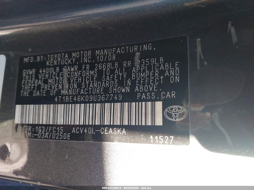 2009 Toyota Camry Se VIN: 4T1BE46K09U367749 Lot: 43334914