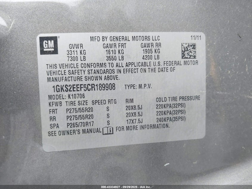 2012 GMC Yukon Denali VIN: 1GKS2EEF5CR189908 Lot: 43334927