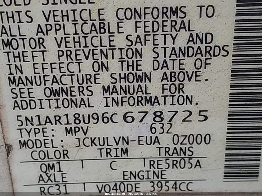 2006 Nissan Pathfinder Le VIN: 5N1AR18U96C678725 Lot: 43334939