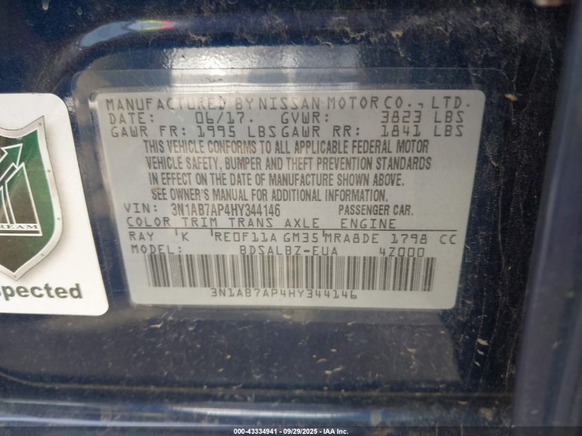 2017 Nissan Sentra S VIN: 3N1AB7AP4HY344146 Lot: 43334941