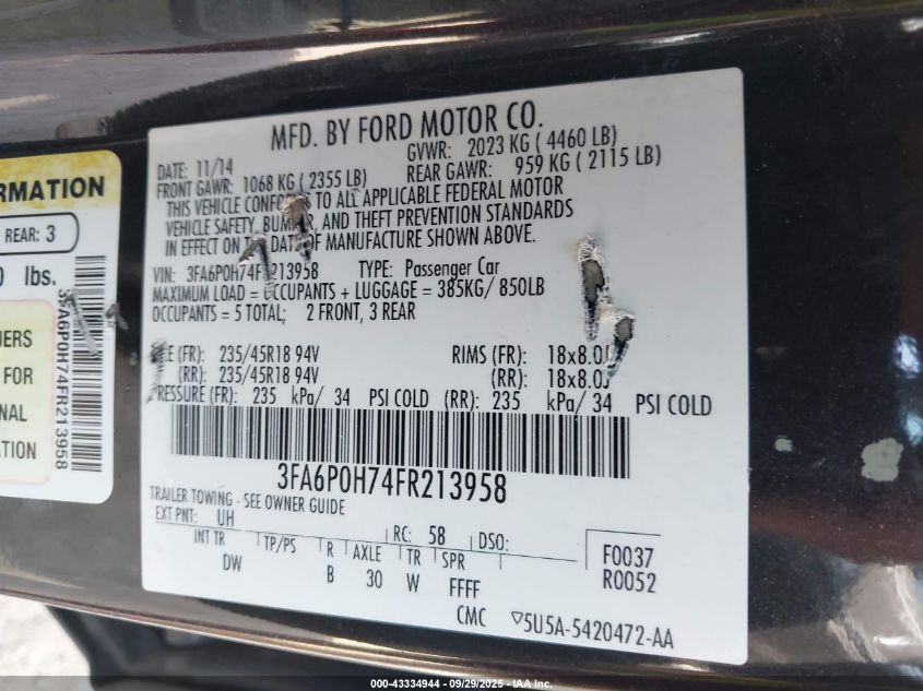 2015 Ford Fusion Se VIN: 3FA6P0H74FR213958 Lot: 43334944