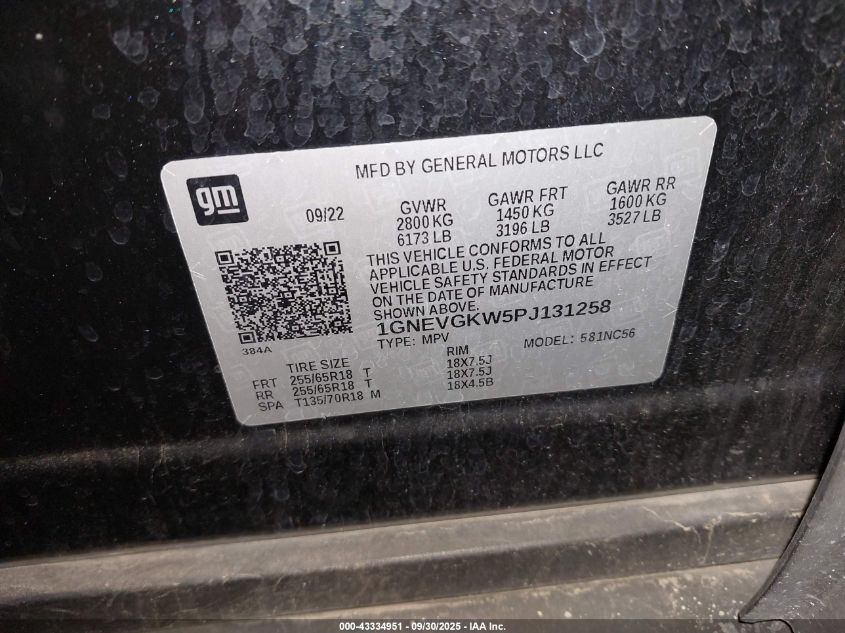 2023 Chevrolet Traverse Awd Lt Cloth VIN: 1GNEVGKW5PJ131258 Lot: 43334951