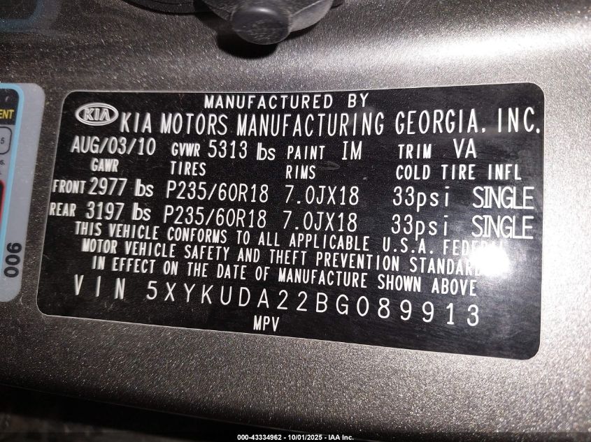 2011 Kia Sorento Ex V6 VIN: 5XYKUDA22BG089913 Lot: 43334962