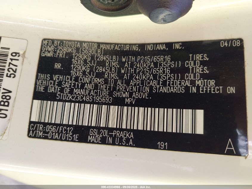 2008 Toyota Sienna Le VIN: 5TDZK23C48S195693 Lot: 43334966