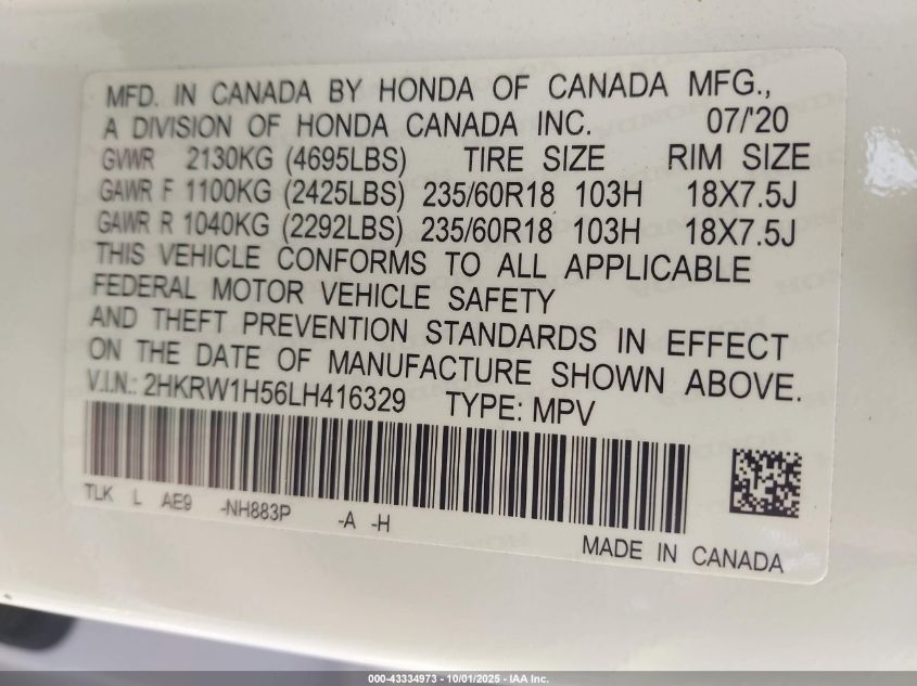 2020 Honda Cr-V 2Wd Ex VIN: 2HKRW1H56LH416329 Lot: 43334973
