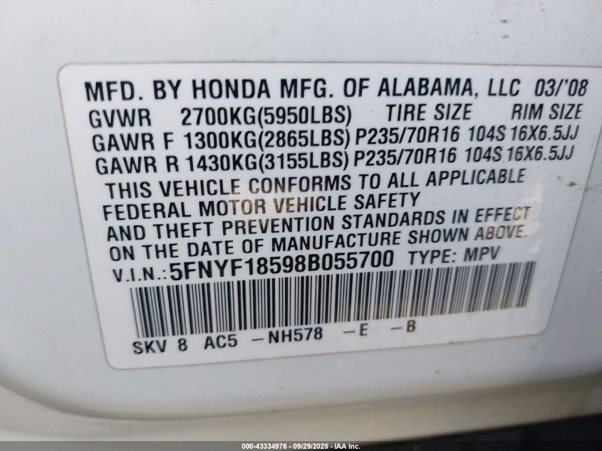 2008 Honda Pilot Ex-L VIN: 5FNYF18598B055700 Lot: 43334976