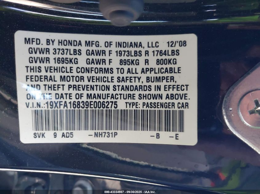 2009 Honda Civic Ex VIN: 19XFA16839E006275 Lot: 43334987