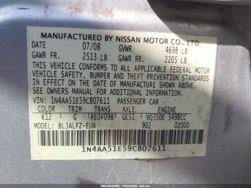 2009 Nissan Maxima 3.5 Sv VIN: 1N4AA51E59C807611 Lot: 43334992