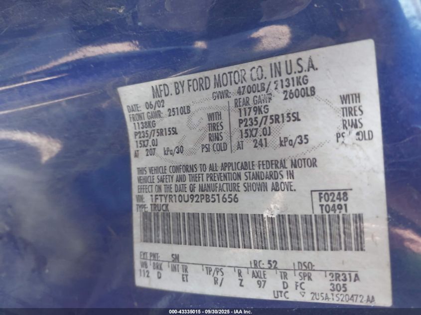 2002 Ford Ranger Edge/Xl/Xlt VIN: 1FTYR10U92PB51656 Lot: 43335015