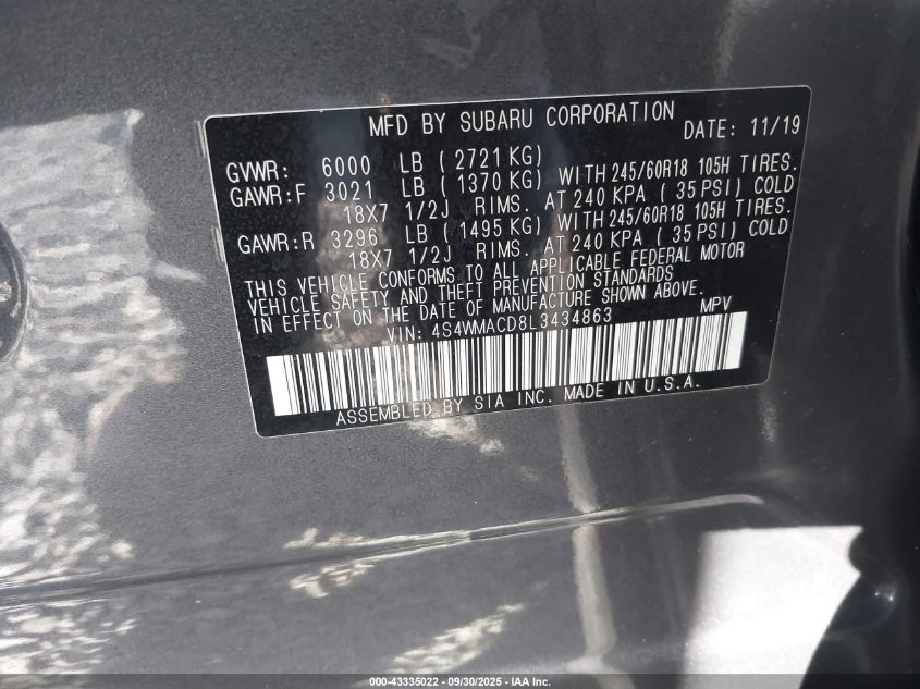 2020 Subaru Ascent Premium VIN: 4S4WMACD8L3434863 Lot: 43335022