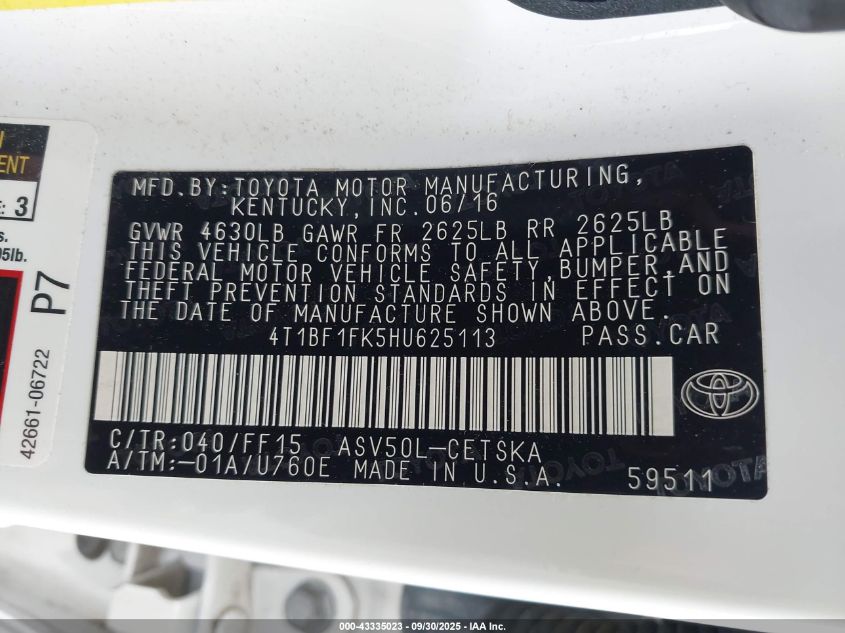2017 Toyota Camry Se VIN: 4T1BF1FK5HU625113 Lot: 43335023