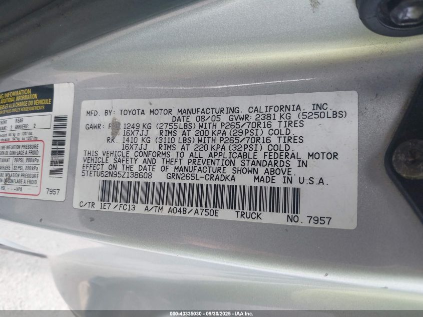2005 Toyota Tacoma Prerunner V6 VIN: 5TETU62N95Z138608 Lot: 43335030