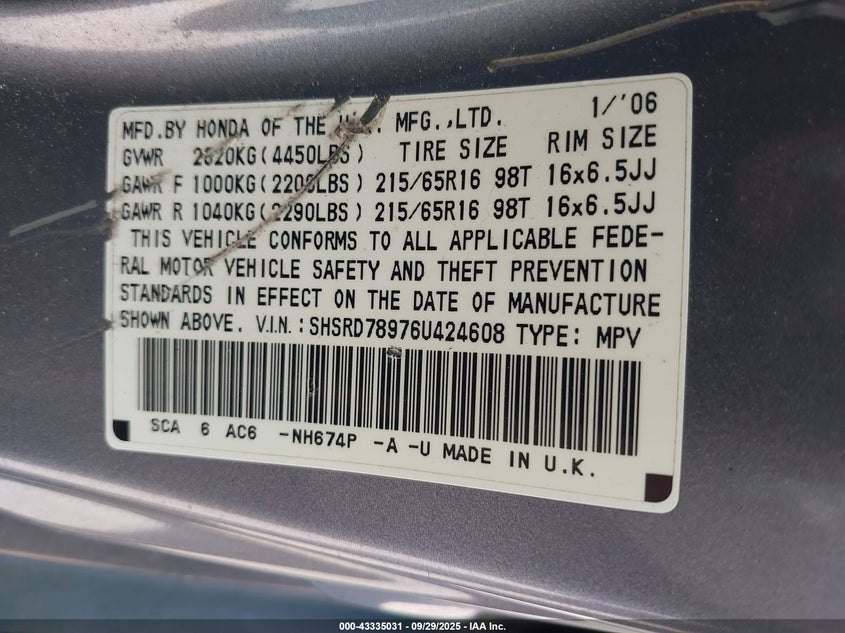 2006 Honda Cr-V Se VIN: SHSRD78976U424608 Lot: 43335031