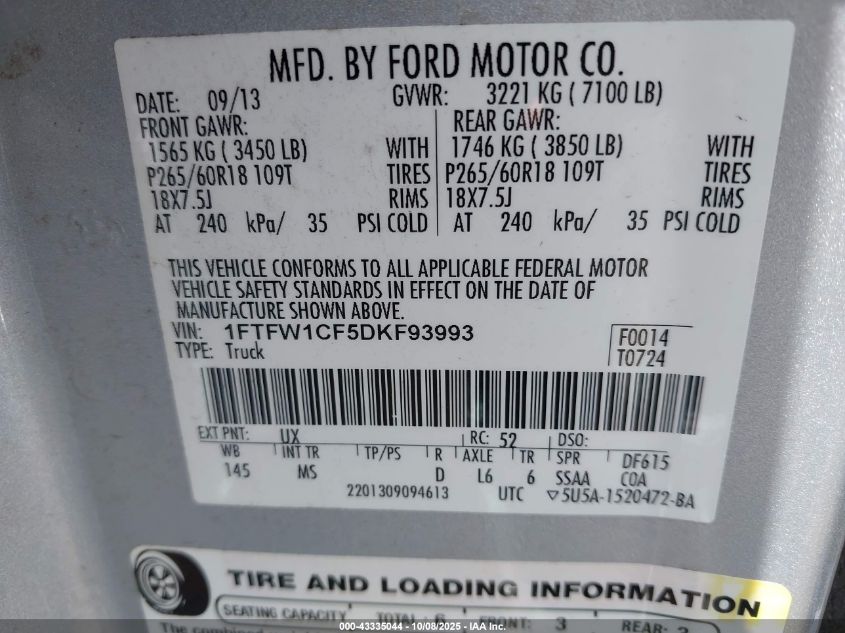 2013 Ford F-150 Xlt VIN: 1FTFW1CF5DKF93993 Lot: 43335044