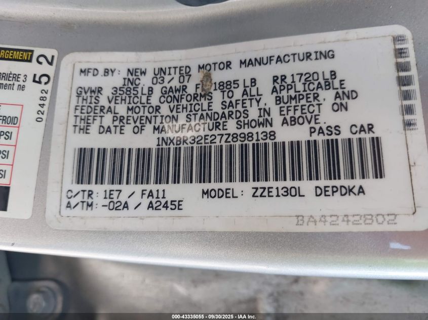 2007 Toyota Corolla Ce VIN: 1NXBR32E27Z898138 Lot: 43335055