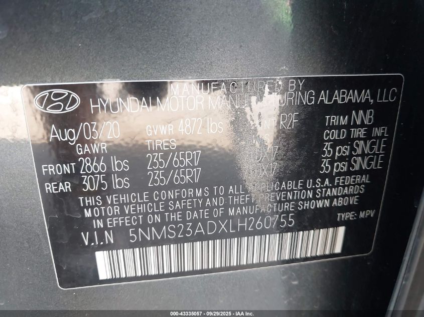 2020 Hyundai Santa Fe Se VIN: 5NMS23ADXLH260755 Lot: 43335057