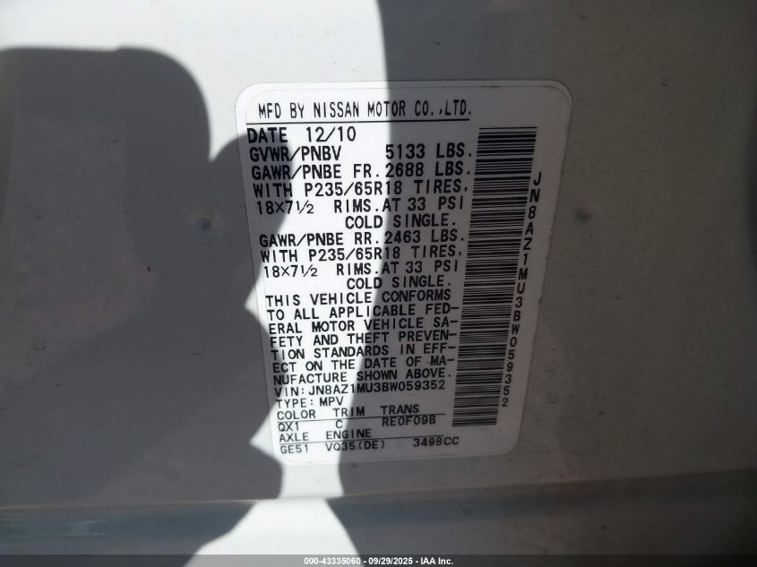 2011 Nissan Murano Sv VIN: JN8AZ1MU3BW059352 Lot: 43335060