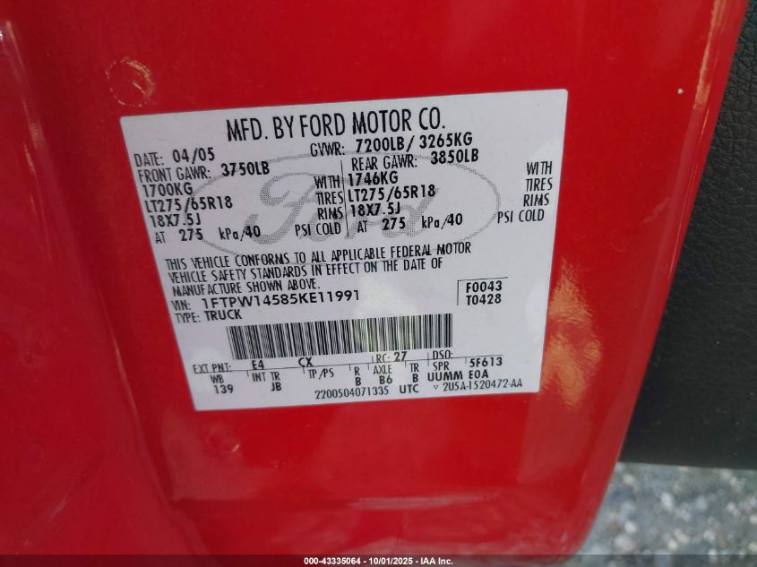 2005 Ford F-150 Fx4/Lariat/Xlt VIN: 1FTPW14585KE11991 Lot: 43335064