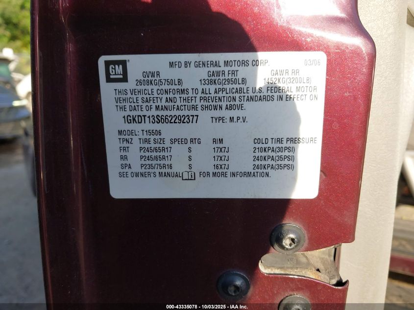 2006 GMC Envoy Sle VIN: 1GKDT13S662292377 Lot: 43335078
