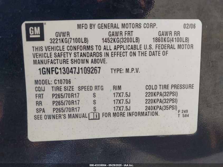 2007 Chevrolet Tahoe Lt VIN: 1GNFC13047J109267 Lot: 43335084