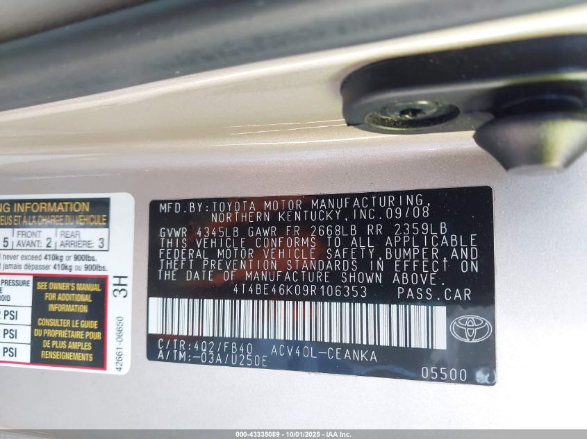 2009 Toyota Camry Le VIN: 4T4BE46K09R106353 Lot: 43335089
