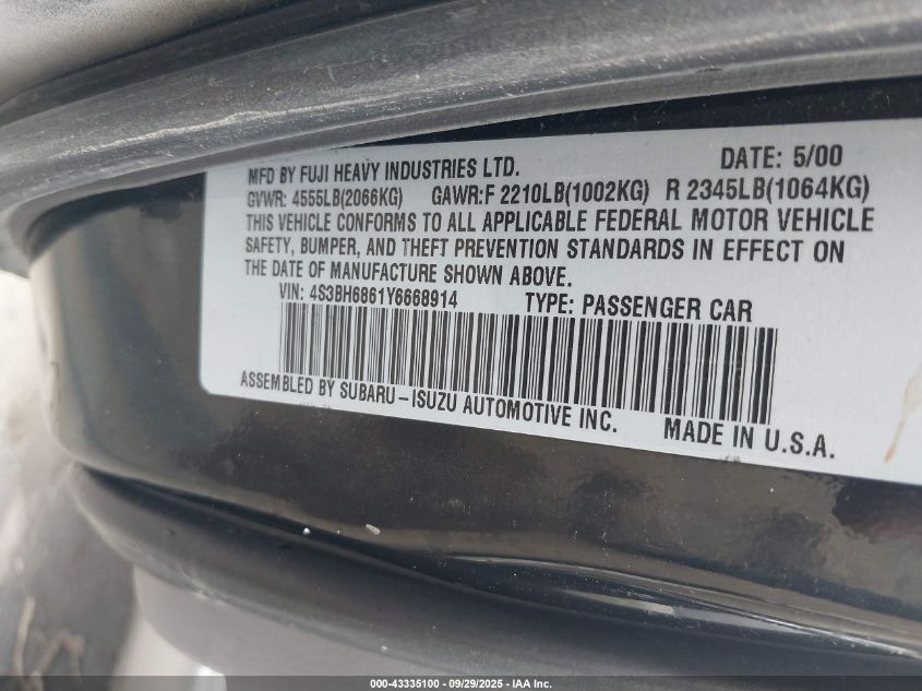 2000 Subaru Outback Limited VIN: 4S3BH6861Y6668914 Lot: 43335100