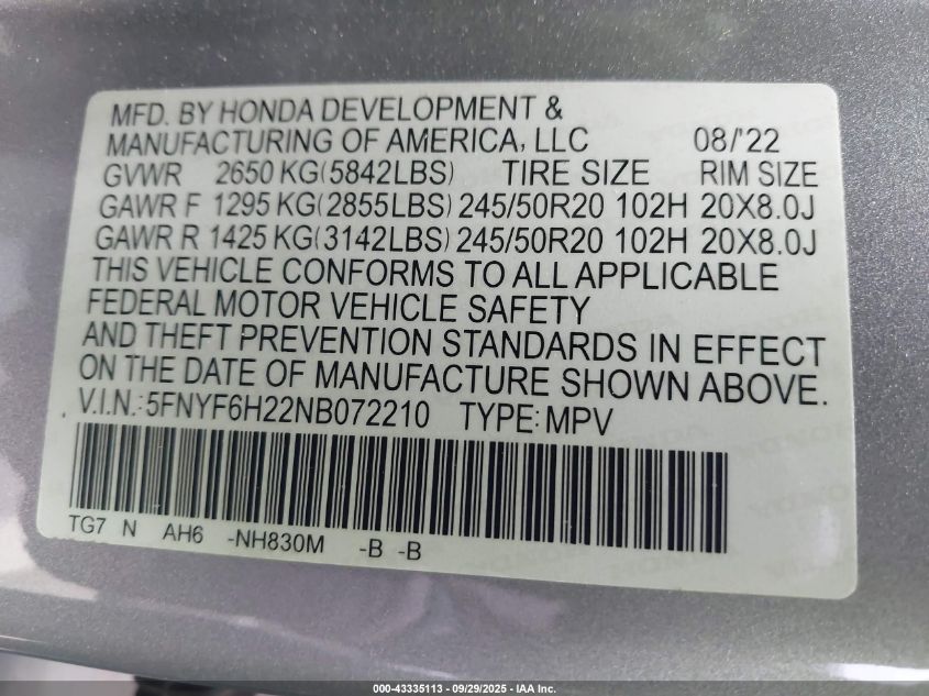 2022 Honda Pilot Awd Special Edition VIN: 5FNYF6H22NB072210 Lot: 43335113