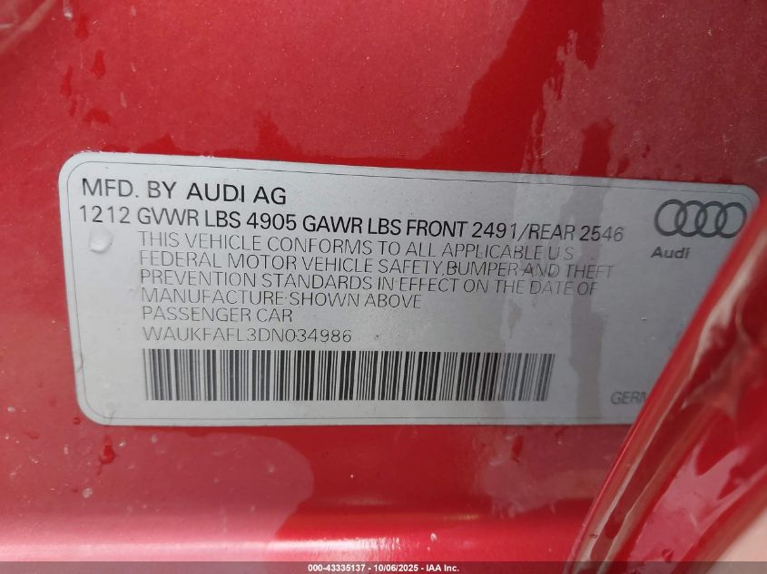 2013 Audi A4 2.0T Premium VIN: WAUKFAFL3DN034986 Lot: 43335137