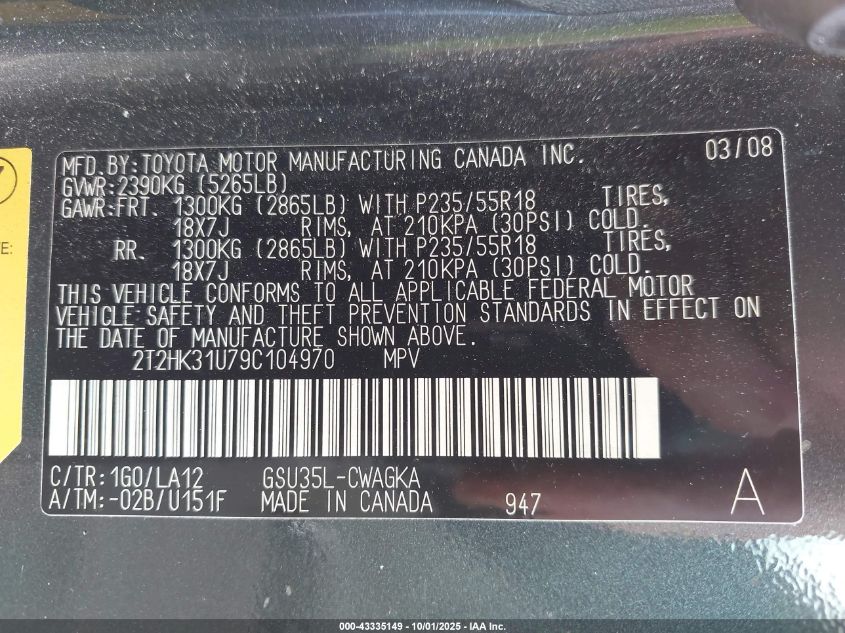 2009 Lexus Rx 350 VIN: 2T2HK31U79C104970 Lot: 43335149