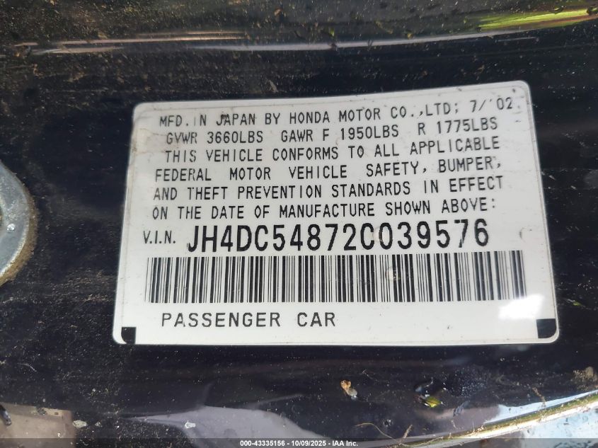 2002 Acura Rsx VIN: JH4DC54872C039576 Lot: 43335156