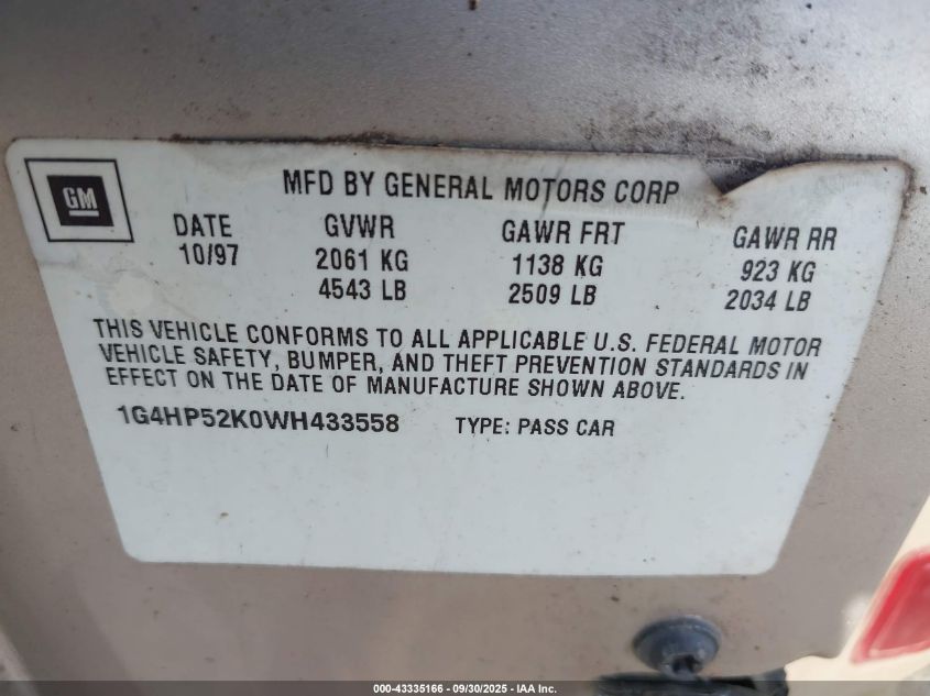 1998 Buick Lesabre Custom VIN: 1G4HP52K0WH433558 Lot: 43335166