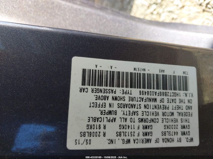 2015 Honda Accord Ex-L V-6 VIN: 1HGCT2B86FA008496 Lot: 43335169