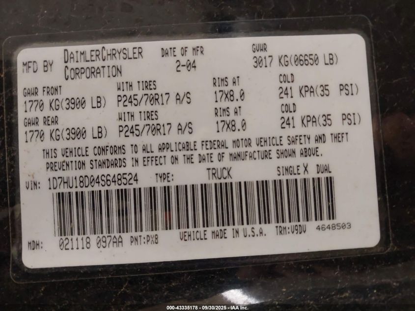 2004 Dodge Ram 1500 Slt/Laramie VIN: 1D7HU18D04S648524 Lot: 43335178
