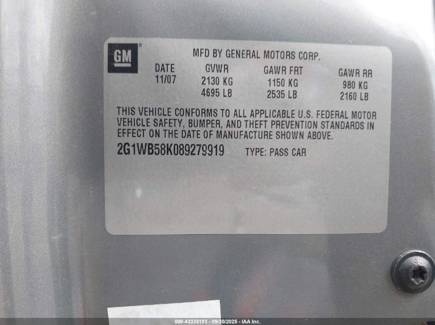 2008 Chevrolet Impala Ls VIN: 2G1WB58K089279919 Lot: 43335183