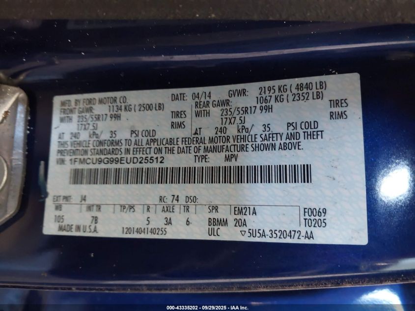 2014 Ford Escape Se VIN: 1FMCU9G99EUD25512 Lot: 43335202