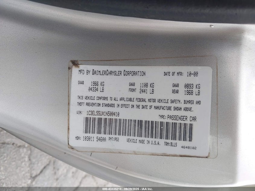 2001 Chrysler Sebring Lxi VIN: 1C3EL55UX1N500410 Lot: 43335218