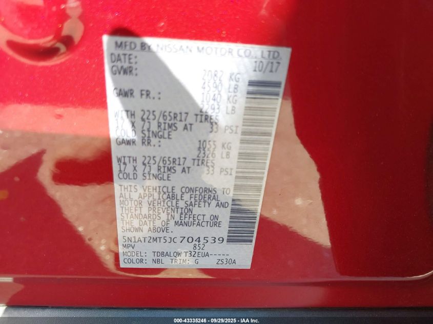 2018 Nissan Rogue Sv VIN: 5N1AT2MT5JC704539 Lot: 43335246