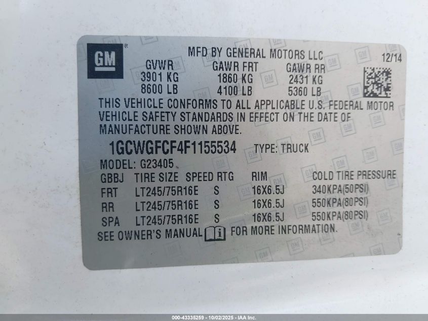 2015 Chevrolet Express 2500 Work Van VIN: 1GCWGFCF4F1155534 Lot: 43335259