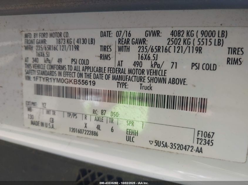 2016 Ford Transit-250 VIN: 1FTYR1YM0GKB55619 Lot: 43335260