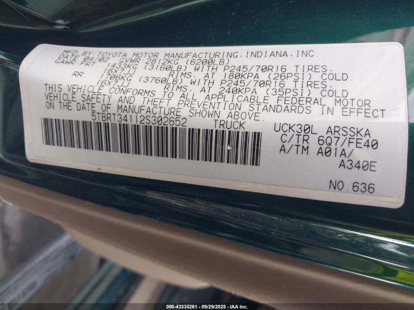 2002 Toyota Tundra Sr5 V8 VIN: 5TBRT34112S302652 Lot: 43335261