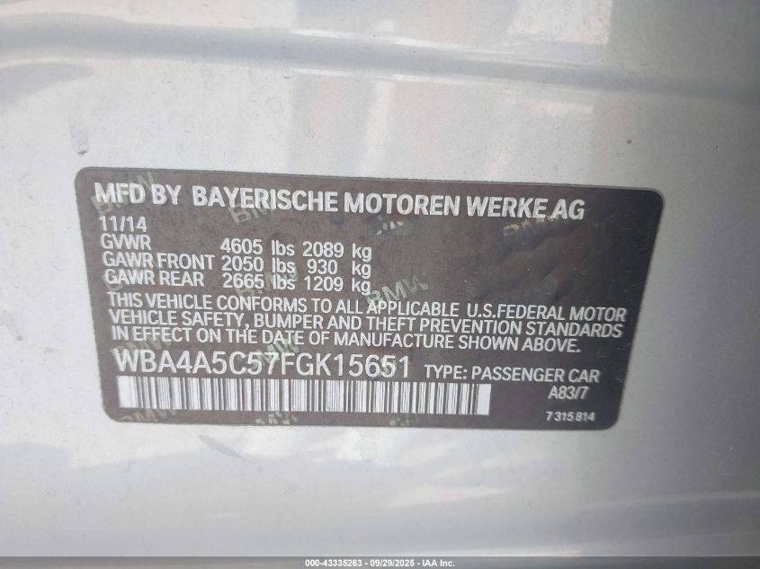 2015 BMW 428 Gran Coupe VIN: WBA4A5C57FGK15651 Lot: 43335263