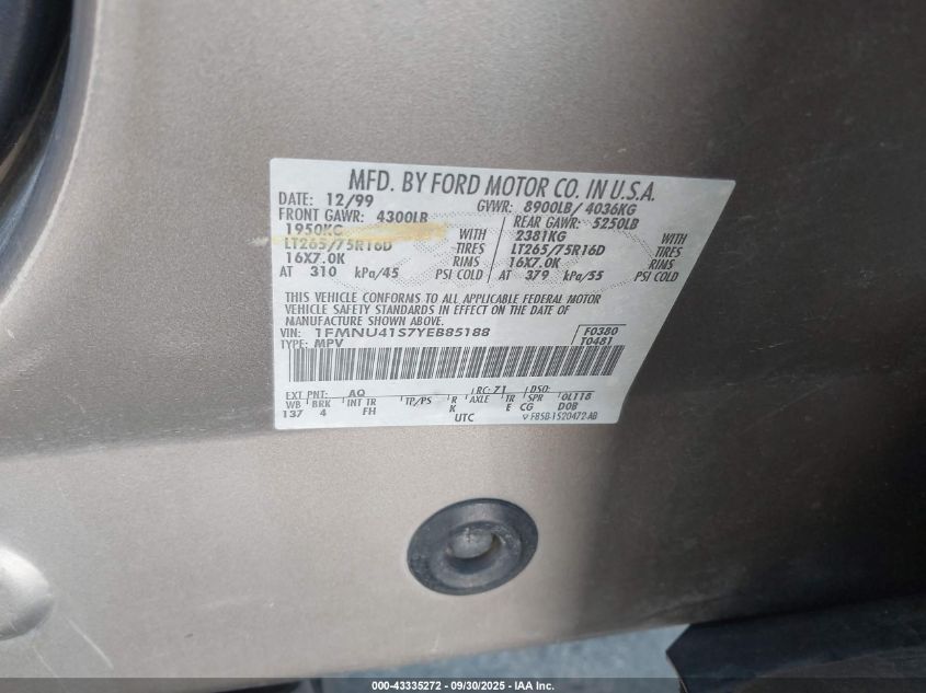 2000 Ford Excursion Xlt VIN: 1FMNU41S7YEB85188 Lot: 43335272