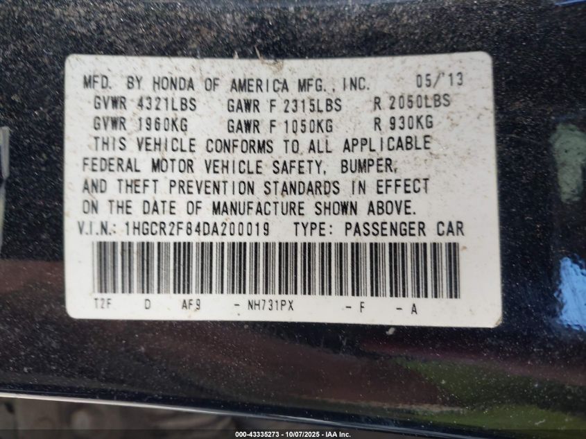 2013 Honda Accord Ex-L VIN: 1HGCR2F84DA200019 Lot: 43335273