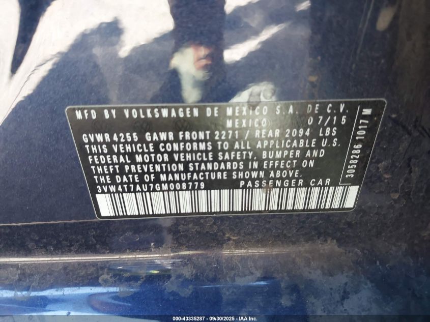 2016 Volkswagen Golf Gti S 4-Door VIN: 3VW4T7AU7GM008779 Lot: 43335287