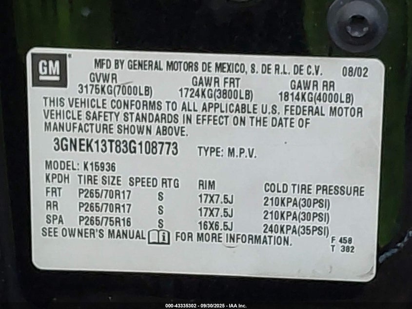 2003 Chevrolet Avalanche 1500 VIN: 3GNEK13T83G108773 Lot: 43335302