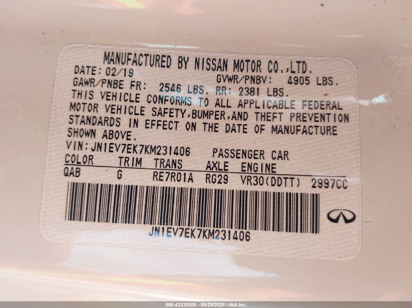 2019 Infiniti Q60 3.0T Luxe VIN: JN1EV7EK7KM231406 Lot: 43335305