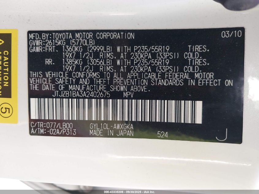 2010 Lexus Rx 450H VIN: JTJZB1BA3A2402675 Lot: 43335306